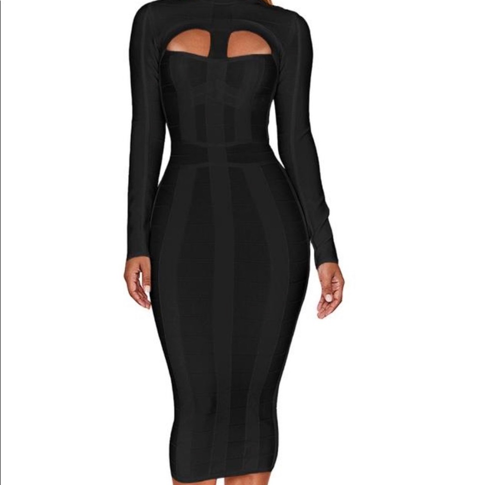 Black Long Sleeve Cutout Midi Bandage Dress